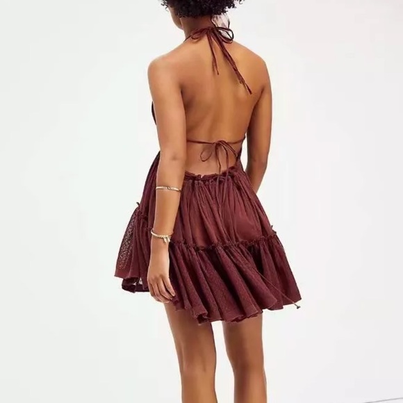 SOLD OUT Wine Swiss Dot Mesh Boho Halter Mini Dress - Picture 4 of 6